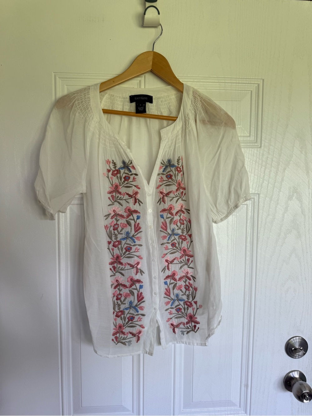 2 for $30 sale: Karen Kane silk blend sheer floral embroidered button down top
